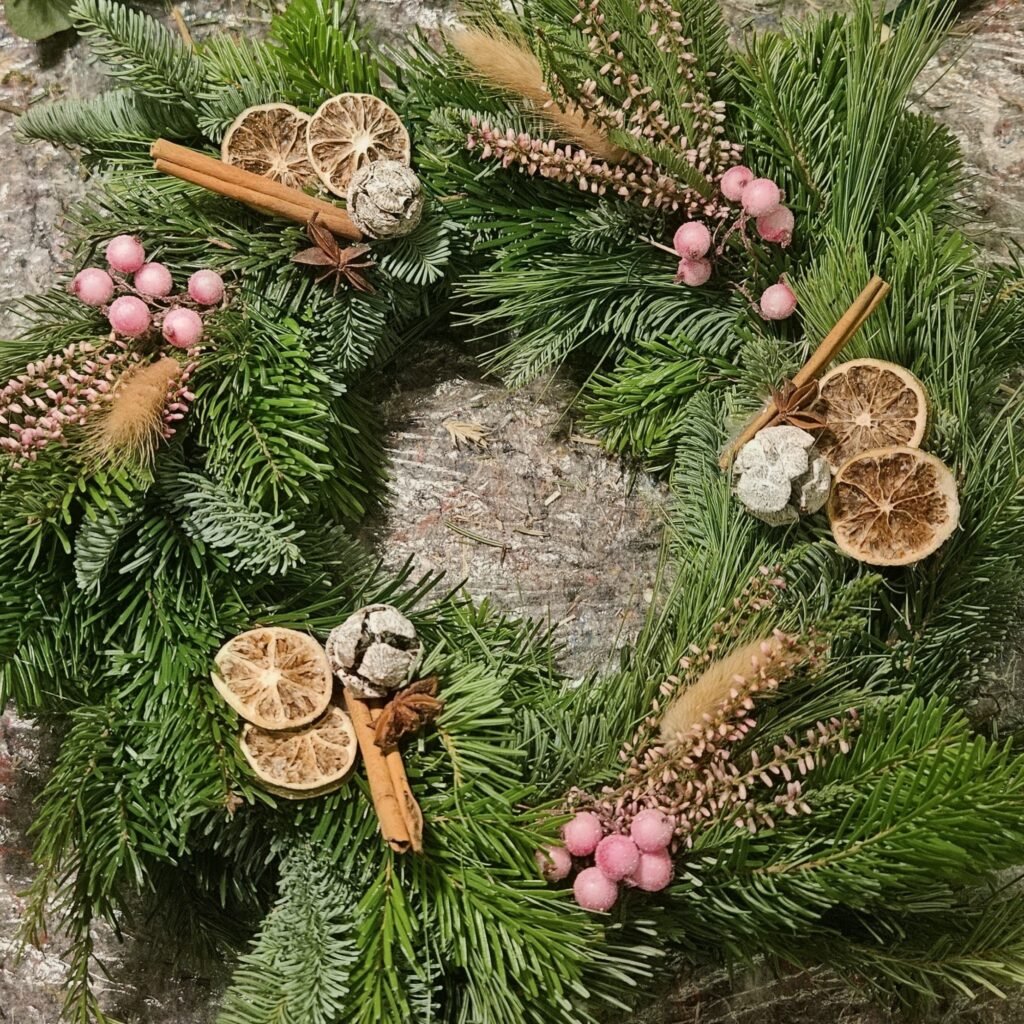Adventskranz mit Tannenzweigen, Zimtstangen, Sternanis, getrockneten Orangenscheiben und rosa Zuckerbeeren, aus dem Workshop Adventskranz binden in Wuppertal
