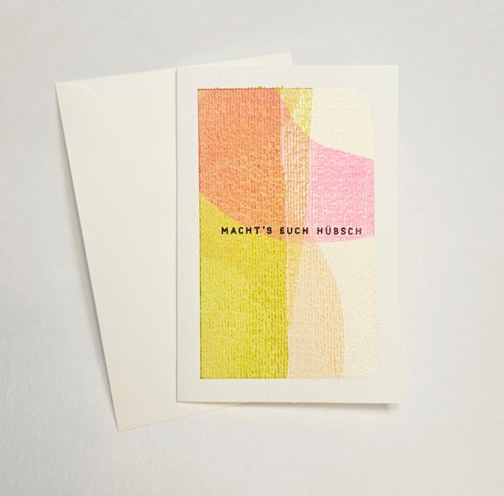 Handbemalte Grußkarte in Koralle, Limette und Pink mit dem Schriftzug „Macht's euch hübsch", aus dem DIY-Style-Cards-Workshop in Wuppertal