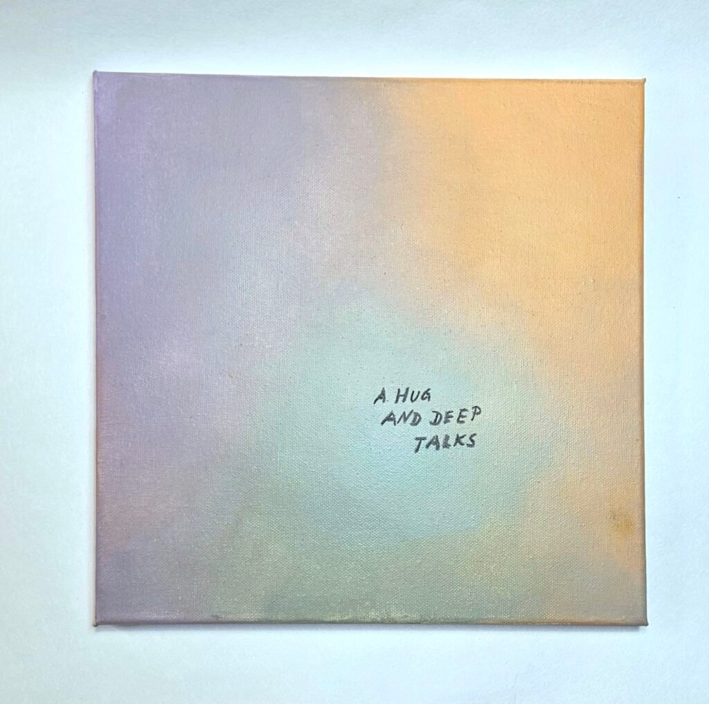 Gradient-Art-Leinwand mit Farbverlauf in Lavendel, Pfirsich und Mint und handgeschriebenem Schriftzug „A hug and deep talks“