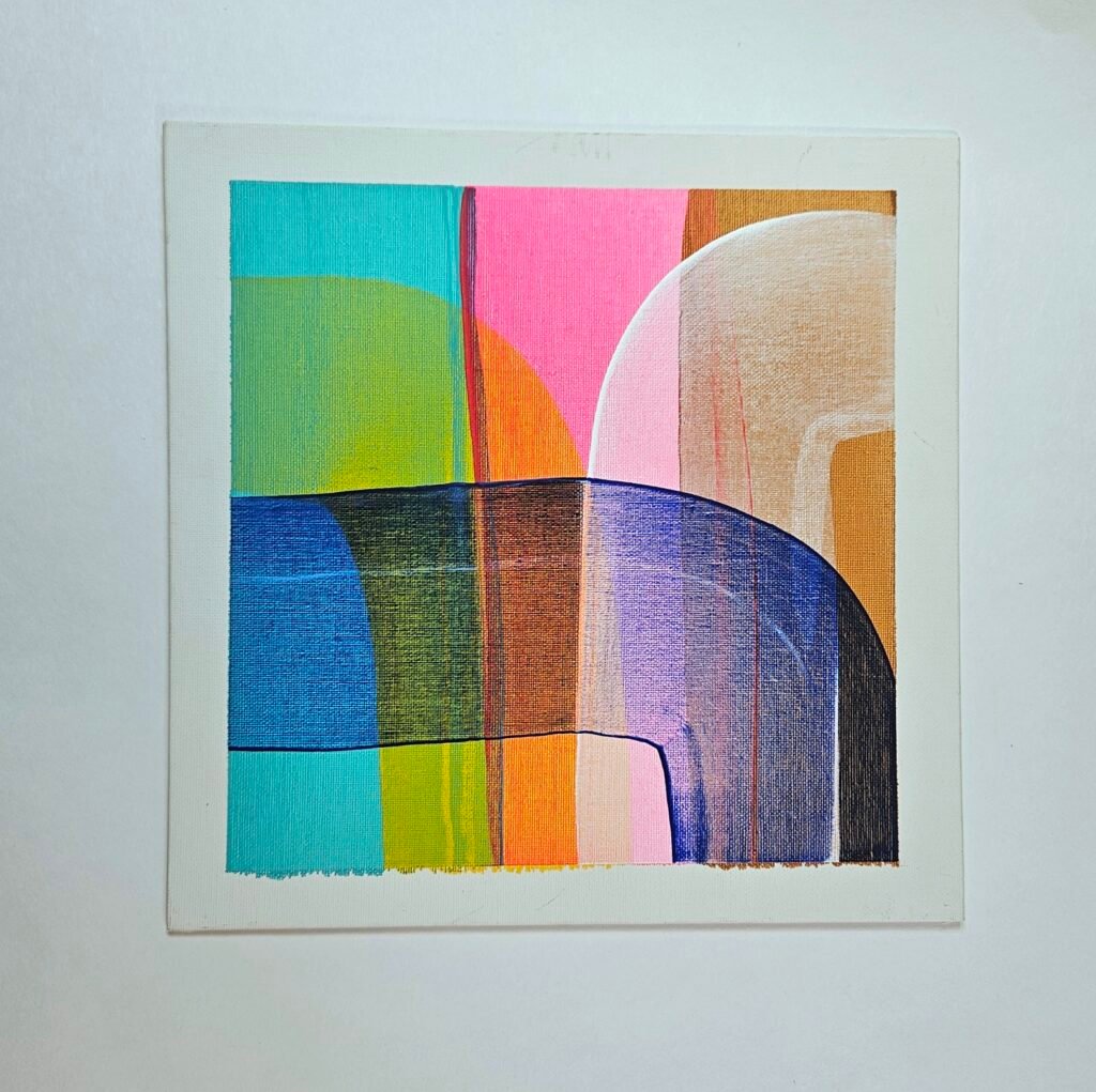 Abstraktes Acrylbild auf Leinwand mit geometrischen Farbflächen in Türkis, Pink, Blau und Ocker, aus dem Squeegee-Art-Workshop in Wuppertal