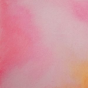 Kleine quadratische Gradient-Art-Leinwand in Rosa und Orange auf einem neonpinken Acrylglas-Tablett